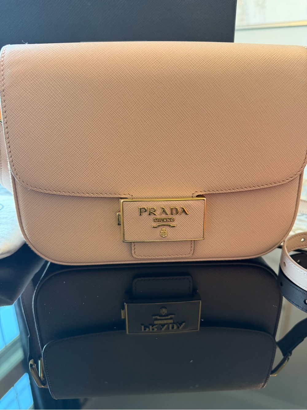 Prada Cipria Saffiano Lux Embleme Flap Shoulder or Crossbody Bag w/Gold Hardware - Picture 4 of 11